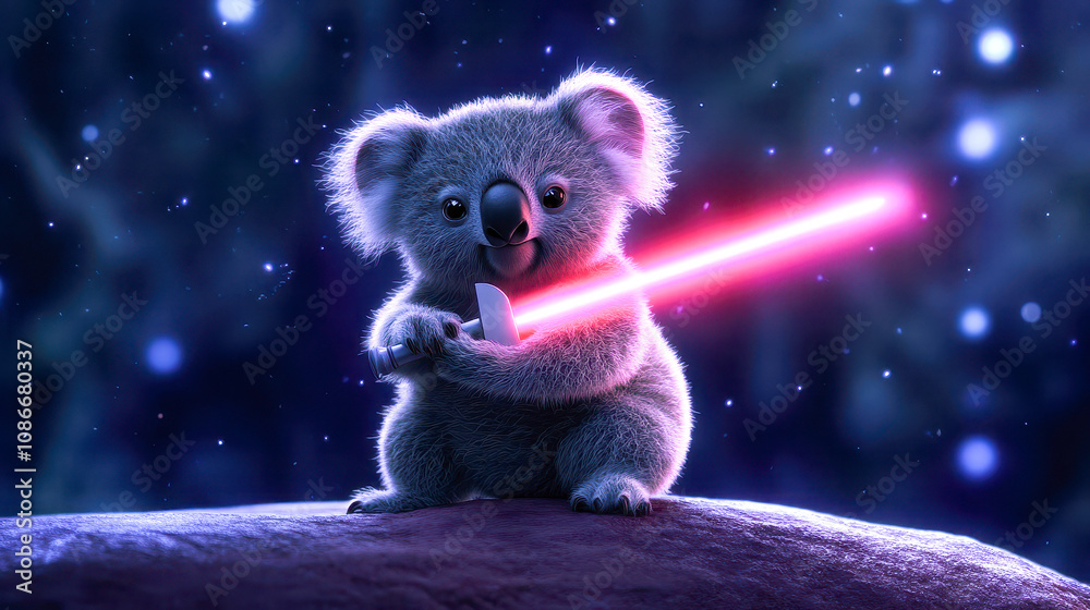 Whimsical image of cute koalplayfully wielding glowing red lightsaber, standing on rocky ground against starry night with floating light particles, creating magical atmosphere. Whimsical image of cute koalplayfully wielding glowing red lightsaber, standing on rocky ground against starry night with floating light particles, creating magical atmosphere.