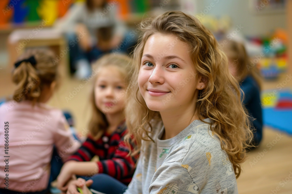 Generative AI Teacher Smiling in Kindergarten Classroom with Children