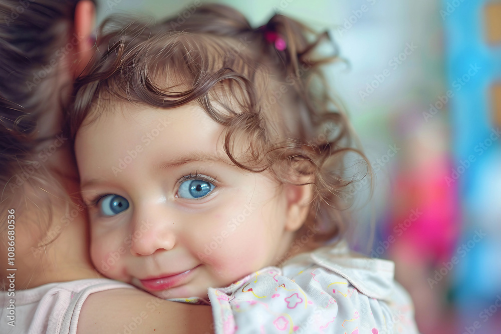 Generative AI Portrait of Smiling Mother Hugging Baby in Nursery Room Generative AI Portrait of Smiling Mother Hugging Baby in Nursery Room