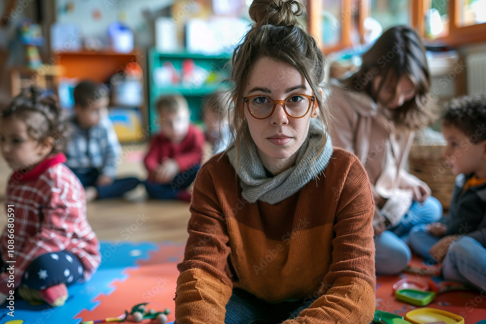 Generative AI Teacher Smiling in Kindergarten Classroom with Children Generative AI Teacher Smiling in Kindergarten Classroom with Children