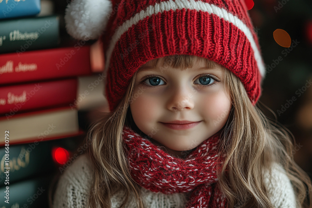 Generative AI image of a smiling girl in a red hat and sweater, celebrating the New Year at school with classmates in festive attire Generative AI image of a smiling girl in a red hat and sweater, celebrating the New Year at school with classmates in festive attire