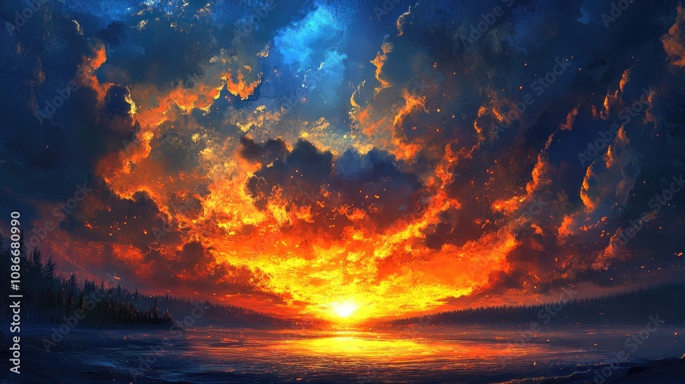Fototapeta premium Vibrant sunset with dramatic orange and fiery clouds silhouetted against a deep blue sky, reflecting beautifully over a calm water surface.
