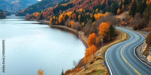 A winding road along the edge of a serene and peaceful lake surrounded by trees and hills in an autumn landscape, travel, lake, Omsk region