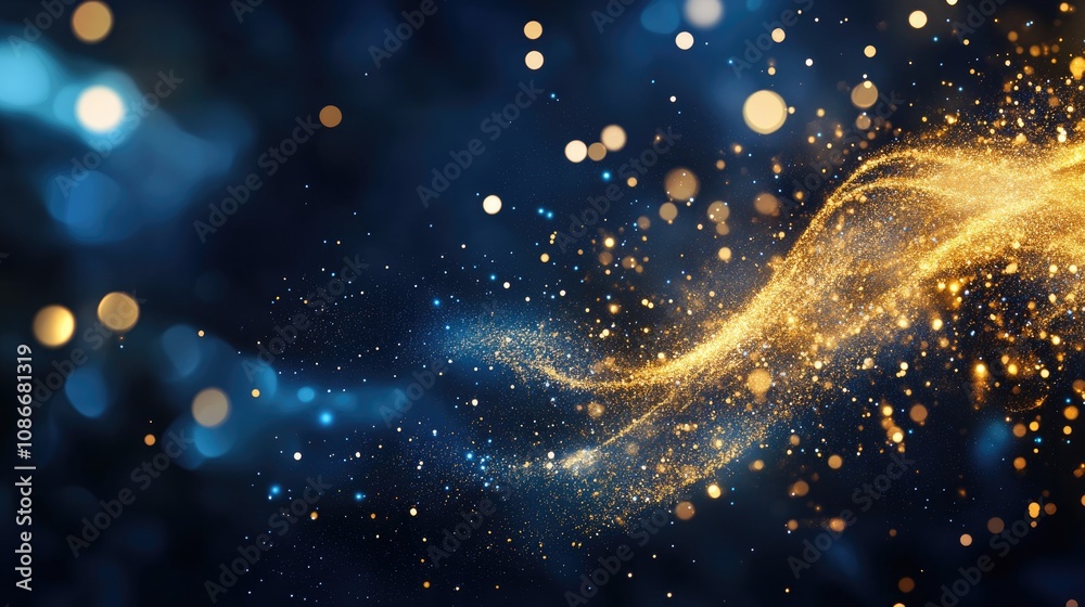 Festive navy blue background with shimmering gold stars and swirling particles, creating a luxurious bokeh effect enhanced by gold foil texture, suitable for elegant occasions. Festive navy blue background with shimmering gold stars and swirling particles, creating a luxurious bokeh effect enhanced by gold foil texture, suitable for elegant occasions.