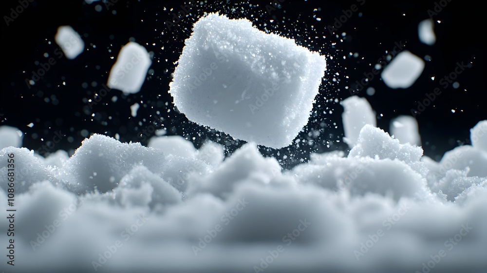 Sugar cube falling kitchen food photography dark background close-up Sugar cube falling kitchen food photography dark background close-up