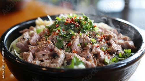 Delicious Bowl of Asian Beef Dish Garnished with Fresh Herbs, Spices, and Vegetables, Capturing the Essence of Culinary Traditions and Flavor Combinations in a Vibrant Setting