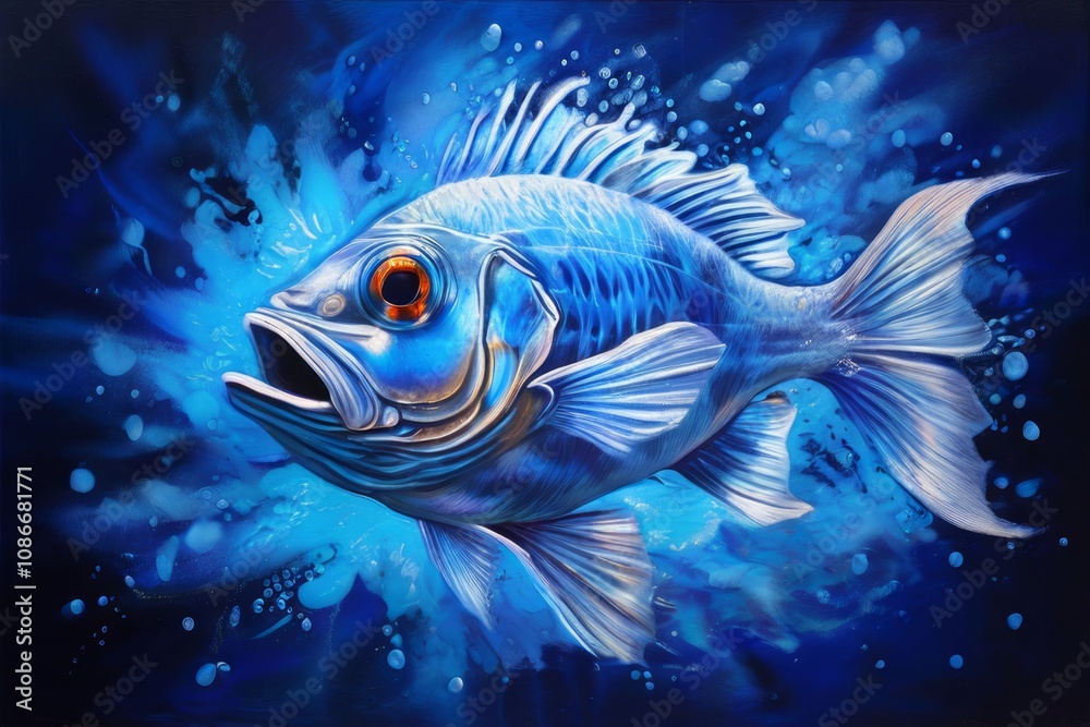 a blue and silver fish chalk piece explodes in a burst of bright a blue and silver fish chalk piece explodes in a burst of bright