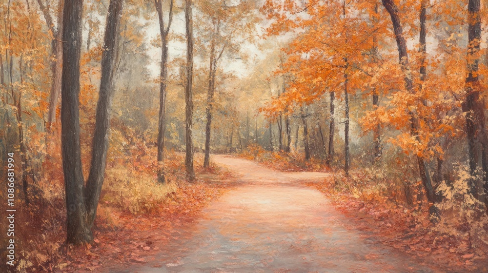 Scenic autumn forest pathway surrounded by vibrant orange trees and scattered reddish-brown maple leaves, creating a tranquil and picturesque park atmosphere, ideal for nature lovers. Scenic autumn forest pathway surrounded by vibrant orange trees and scattered reddish-brown maple leaves, creating a tranquil and picturesque park atmosphere, ideal for nature lovers.