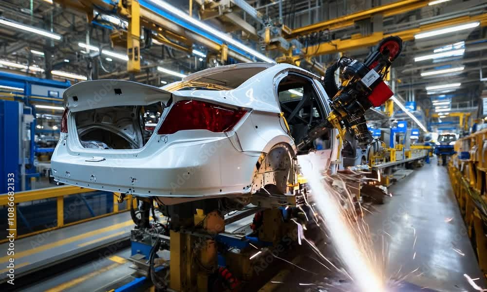 A robotic arm welds a car body on an assembly line.