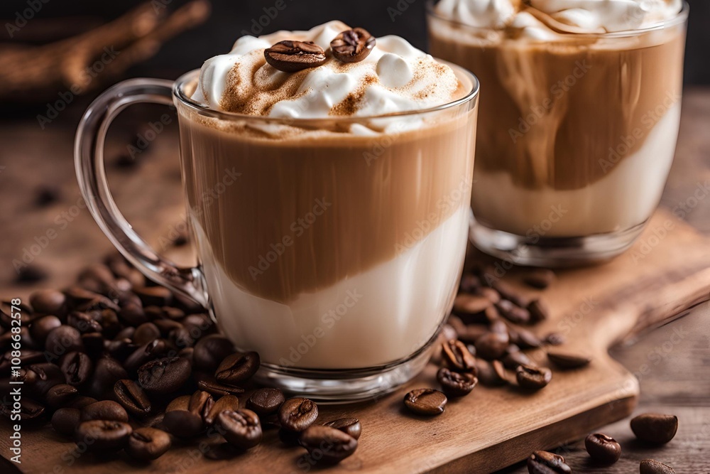 High-quality image of dalgona coffee with frothy whipped coffee on top of cold milk in a clear glass. Soft lighting to create a cozy, inviting atmosphere. High-quality image of dalgona coffee with frothy whipped coffee on top of cold milk in a clear glass. Soft lighting to create a cozy, inviting atmosphere.