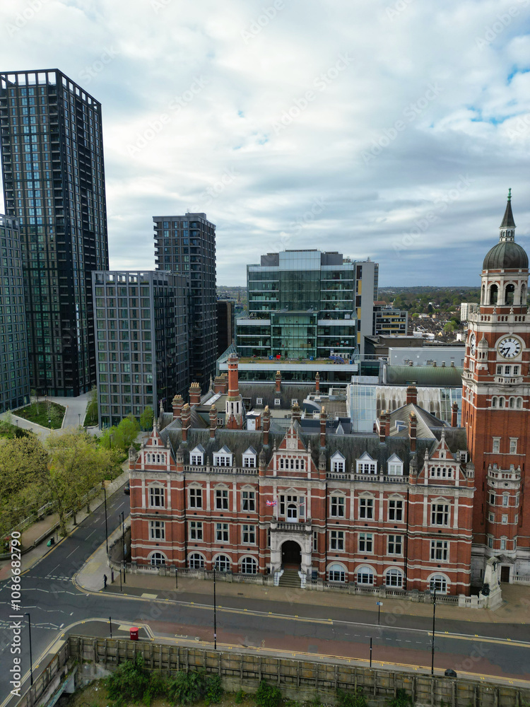 Naklejka premium Buildings at West Croydon London Capital City Tour. Central London of England of UK. Aerial Footage Was Captured with Drone's Camera on April 24th, 2024