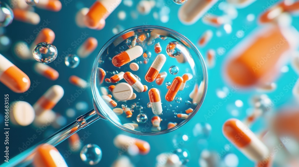 Collection of colorful pills seen through a magnifying glass, surrounded by bubbles, all set against a vibrant blue background. Collection of colorful pills seen through a magnifying glass, surrounded by bubbles, all set against a vibrant blue background.
