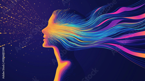 The person's silhouette filled with colorful waves of energy (such as blue, purple, or gold), surrounded by rays of light or energy pulses radiating outward, as if the consciousness is expanding. photo