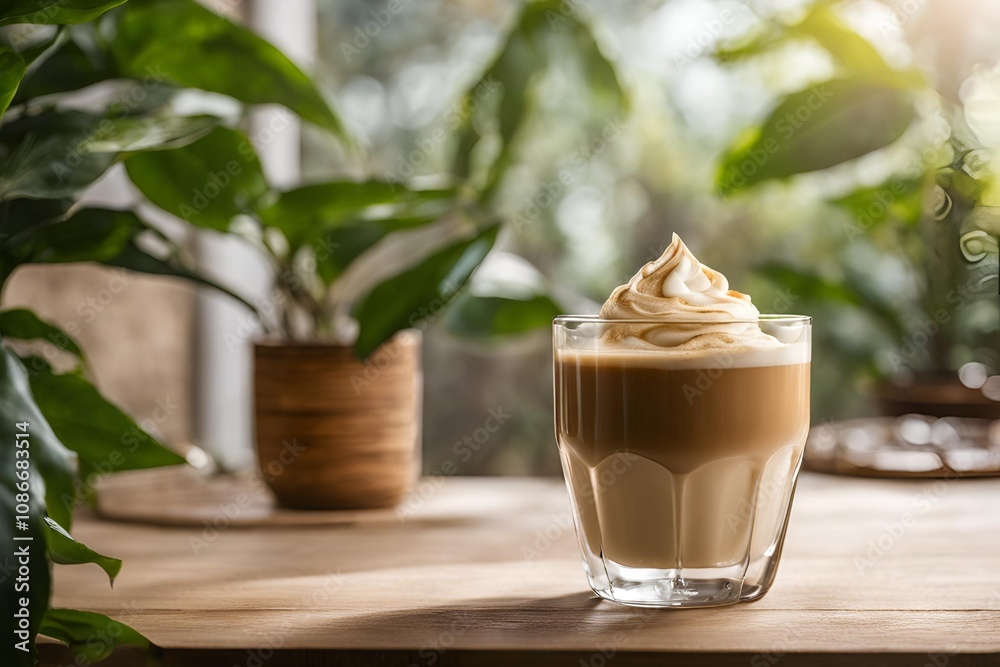 Dalgona coffee with frothy whipped coffee on cold milk in a clear glass, placed on a wooden table. Background features green plants and soft natural sunlight filtering through leaves, creating a fresh Dalgona coffee with frothy whipped coffee on cold milk in a clear glass, placed on a wooden table. Background features green plants and soft natural sunlight filtering through leaves, creating a fresh
