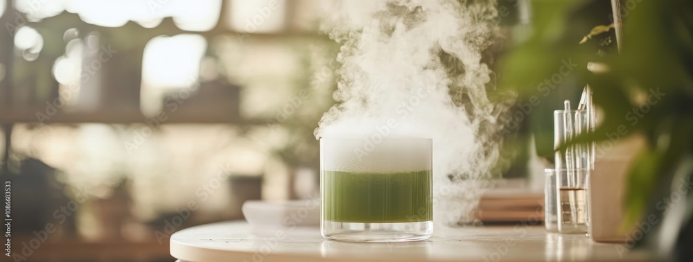 A green drink with steam, set on a table surrounded by plants and natural light. A green drink with steam, set on a table surrounded by plants and natural light.