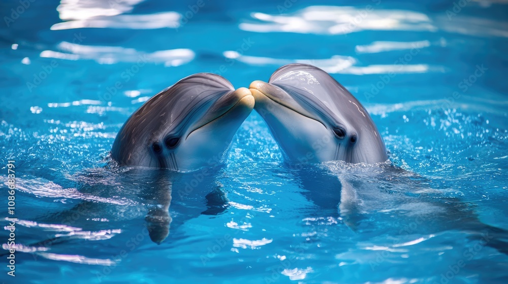 Naklejka premium Two Dolphins Touching Noses in a Blue Lagoon