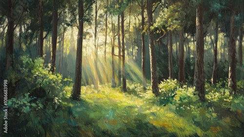 Sunlight streams through tall trees in a tranquil forest, illuminating lush green undergrowth and creating a serene, ethereal atmosphere.