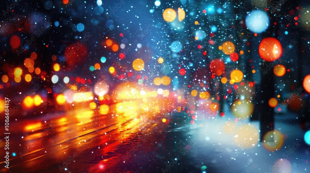 Obraz premium Dreamy winter street scene with blurred festive lights and falling snow, creating a vibrant and abstract atmosphere of seasonal celebration.