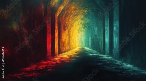 Vibrant abstract passageway with colorful light beams, merging warm and cool hues, creating a surreal and mystical atmosphere, perfect for creative and contemplative environments.