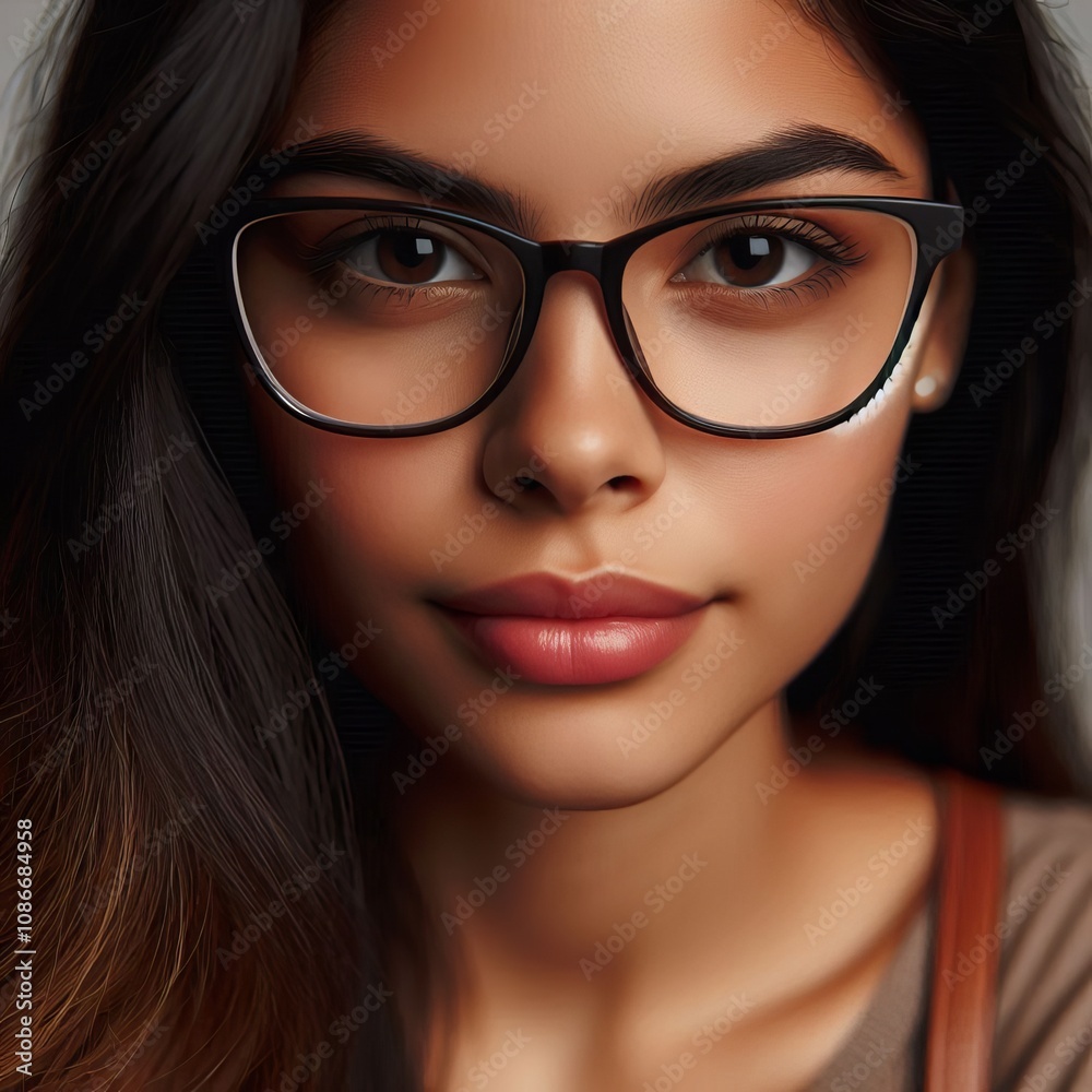 A close up of a young Hispanic woman with glasses looking confid A close up of a young Hispanic woman with glasses looking confid