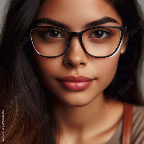 A close up of a young Hispanic woman with glasses looking confid