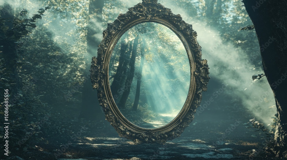 Obraz premium Enchanted Forest with Magical Mirror Reflecting Light Through Trees and Fog, Creating a Dreamlike Atmosphere for Fantasy and Nature Themes