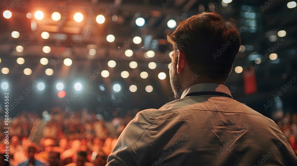 Fototapeta premium Man giving presentation to large audience in a conference hall.