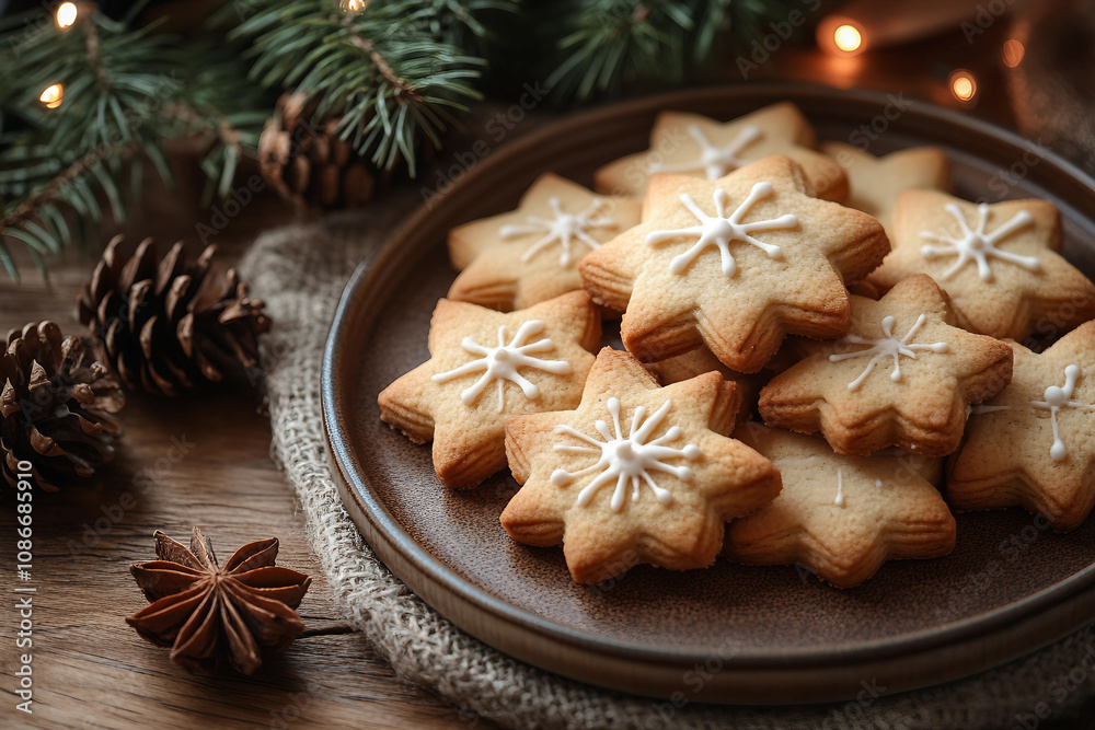 Generative AI image of festive Christmas cookies with holiday decorations and pinecones Generative AI image of festive Christmas cookies with holiday decorations and pinecones