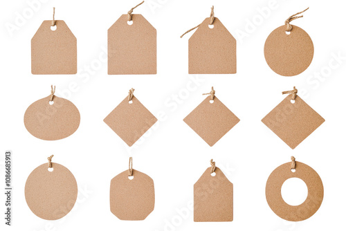 A set of kraft paper gift tags in various shapes with jute string ties, isolated on a white background, ideal for eco-friendly packaging.