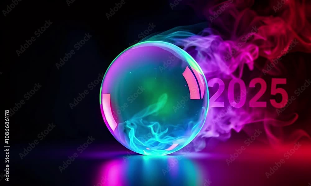 2025 new year number on glass neon ball with smoke background, New Year celebration. Slow moving video banner. 2025 new year number on glass neon ball with smoke background, New Year celebration. Slow moving video banner.