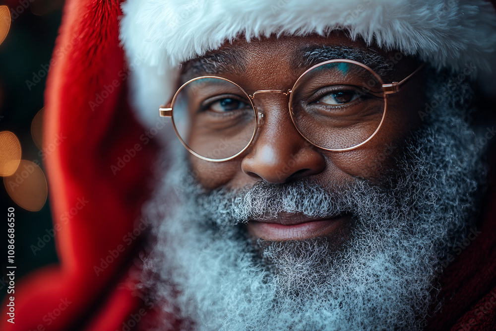 Portrait of a funny kind Black Santa Claus with frosted beard and glasses for Merry Christmas celebration, Generative AI Portrait of a funny kind Black Santa Claus with frosted beard and glasses for Merry Christmas celebration, Generative AI