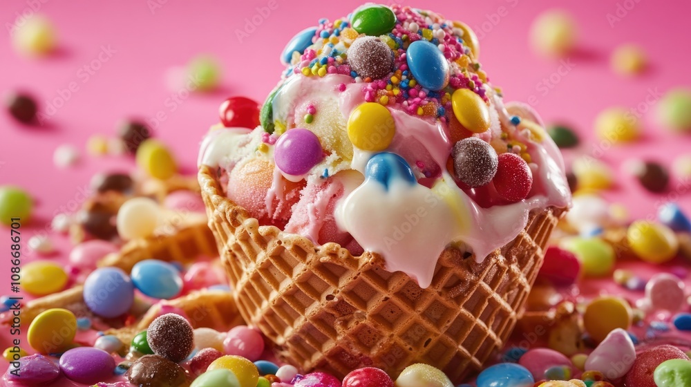 Waffle cone overflowing with melting ice cream topped with vibrant candies, surrounded by colorful confectionery on a soft pink backdrop. Waffle cone overflowing with melting ice cream topped with vibrant candies, surrounded by colorful confectionery on a soft pink backdrop.