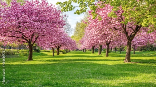 Scenic View of Blooming Cherry Blossom Trees in a Lush Green Park Surrounded by Vibrant Pink Flowers and Tranquil Grass Landscape on a Sunny Day