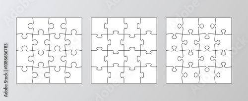 Puzzle grids infographics collection. Puzzle with 16 pieces. Jigsaw business chain infographic. Process diagram presentation. Business info graphic with steps, parts. Vector illustration