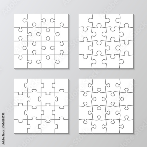 Jigsaw square grids set. Puzzle cutting template with 16 pieces. Simple mosaic background with separate details. Thinking game scheme. Vector illustration.