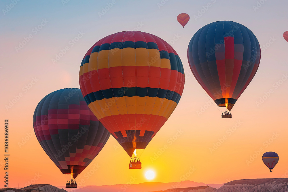 Fototapeta premium Young woman man child people pet enjoying the festival of hot air balloons, capturing selfie colorful balloons in the sky