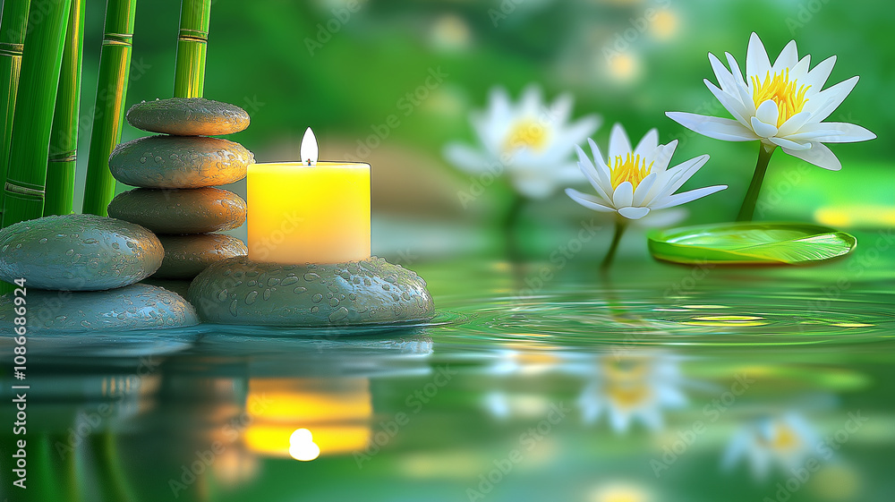 Stacked stones, a lotus flower, and a lit candle in a serene setting Stacked stones, a lotus flower, and a lit candle in a serene setting