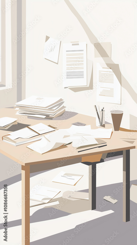 Cluttered desk with papers and sunlight streaming in Cluttered desk with papers and sunlight streaming in