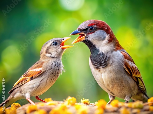 A house sparrow tenderly feeds a fledgling.