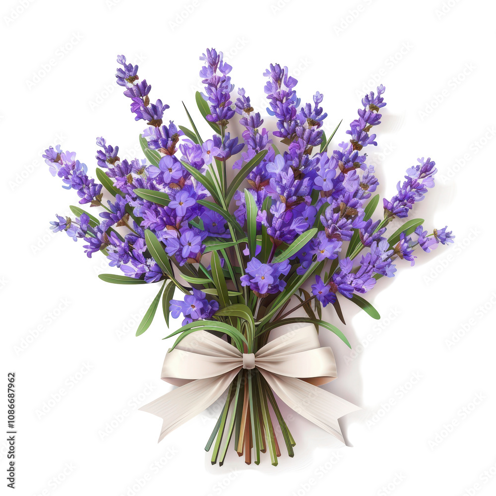 Obraz premium A bouquet of fresh lavender flowers tied with a beige ribbon, isolated on a white background, exuding elegance and fragrance.