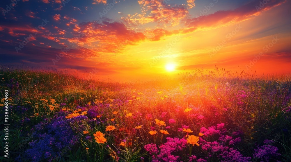 Fototapeta premium Vibrant summer fields illuminated by a stunning sunset, showcasing colorful wildflowers under a dramatic sky filled with hues of orange and purple.