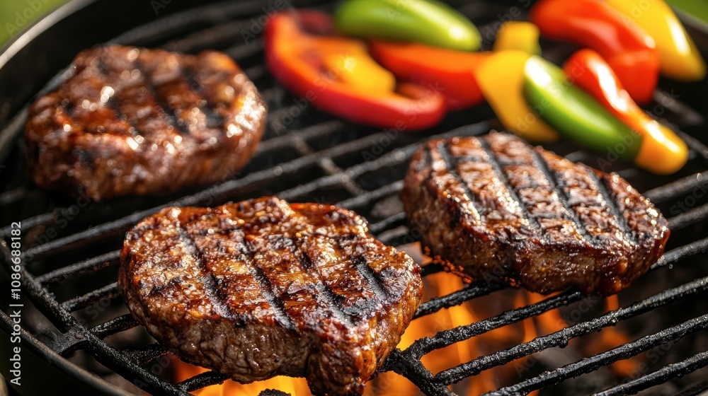 Juicy Grilled Steaks with Colorful Bell Peppers on a Barbecue Grill, Perfect for Summer Cookouts and Outdoor Dining Experiences Juicy Grilled Steaks with Colorful Bell Peppers on a Barbecue Grill, Perfect for Summer Cookouts and Outdoor Dining Experiences