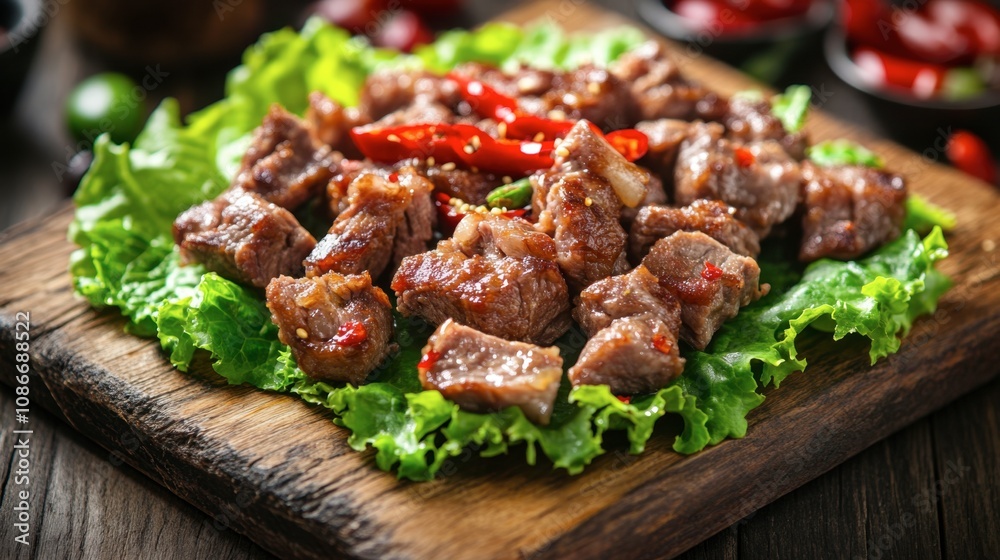 Deliciously Grilled Meat on Fresh Green Lettuce with Red Chilies Garnish Served on Rustic Wooden Table in a Beautifully Presented Dish Deliciously Grilled Meat on Fresh Green Lettuce with Red Chilies Garnish Served on Rustic Wooden Table in a Beautifully Presented Dish