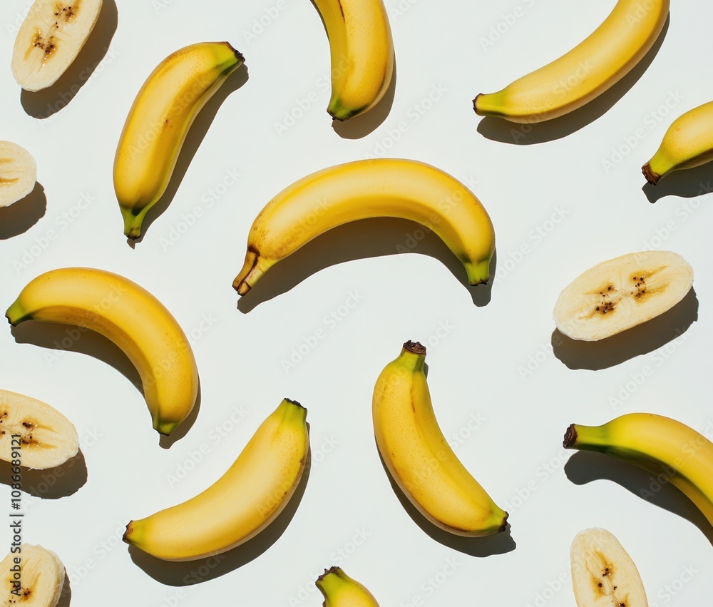 A flat lay of whole and sliced bananas on a light background.