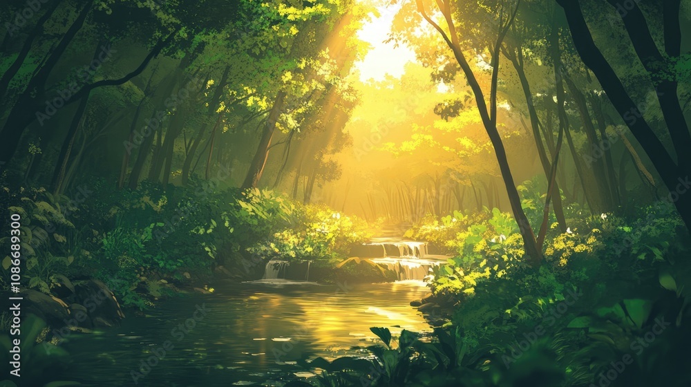 Obraz premium Sunlit forest scene with vibrant greenery and a serene stream, illuminated by warm sunset rays filtering through the trees.