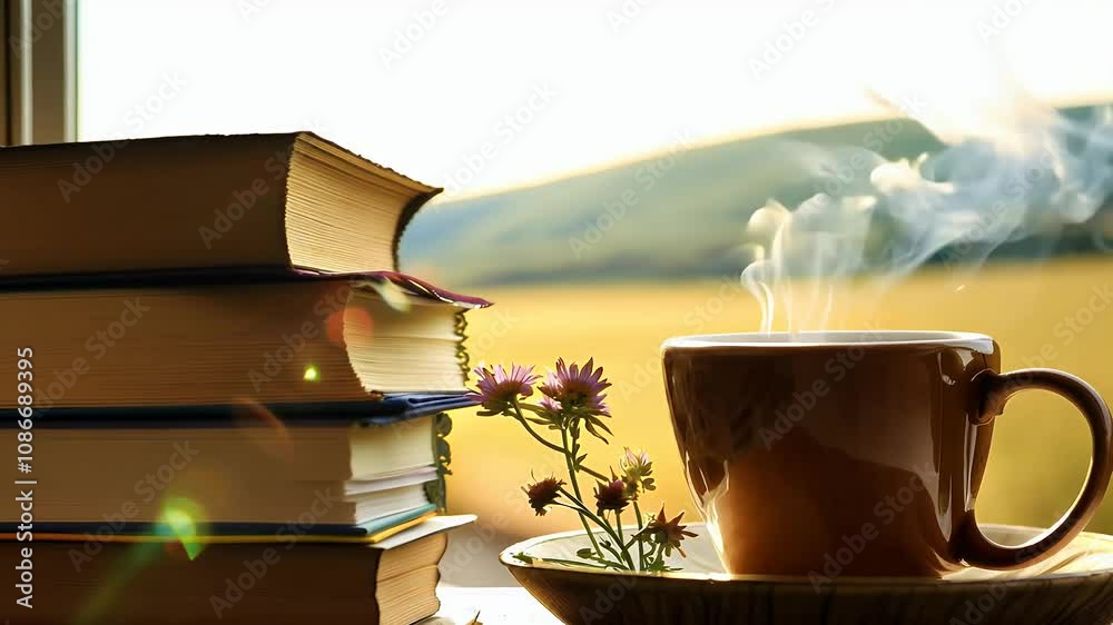 old books meadow flowers capturing serene cozy morning atmosphere 4K tea book home romantic literature paper window sill bokeh green garden reading table flower day interior hallo house summer