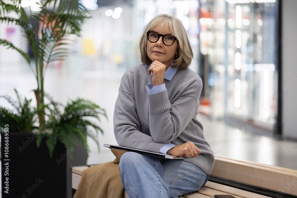 Thoughtful older woman sitting in a modern shopping mall, surrounded by greenery, reflecting on her purchases during a quiet afternoon Thoughtful older woman sitting in a modern shopping mall, surrounded by greenery, reflecting on her purchases during a quiet afternoon
