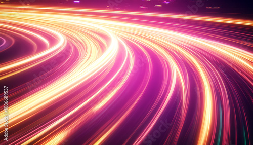 Light trails in gradient shades of pink and yellow, depicting the speed and motion of a high-energy environment. Horizontal template color gradient, rough retro vibe shine bright light 