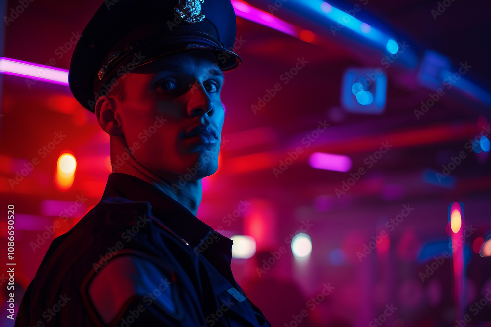 Police officer in uniform at night club generative AI image Police officer in uniform at night club generative AI image