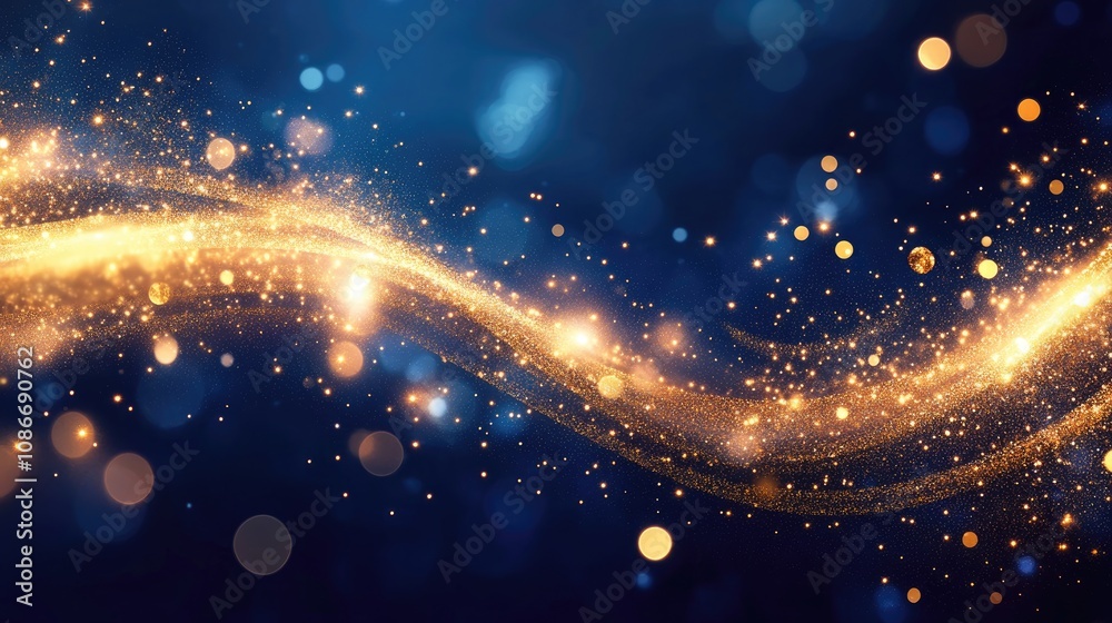 Obraz premium Abstract navy blue and gold background with shimmering stars and sparkling particles creating a festive bokeh effect, gold foil texture enhances luxurious visual appeal.